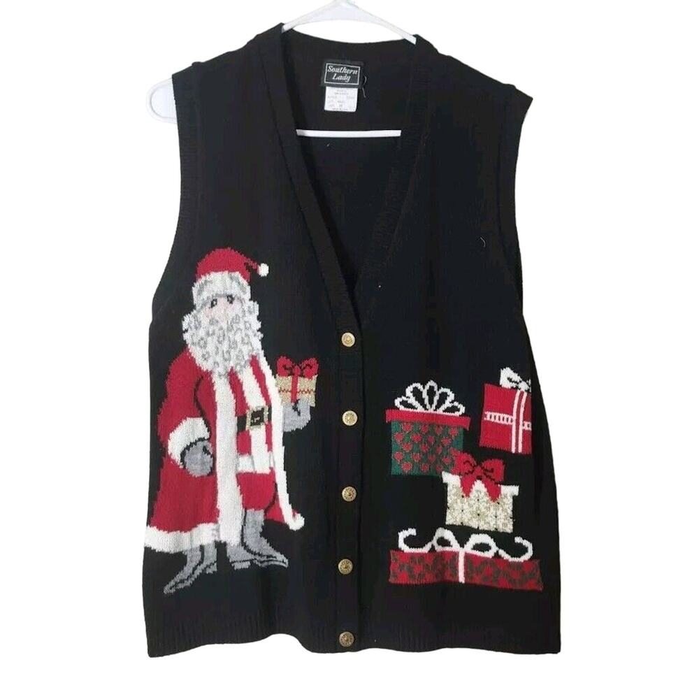 Vintage Southern Lady Sweater Vest Size Medium Black Santa Claus‎ Christmas